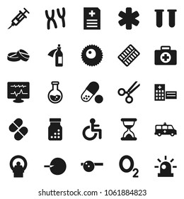 Flat vector icon set - flask vector, pills, first aid kit, oxygen, ambulance star, disabled, vial, insemination, syringe, scissors, sand clock, bottle, blister, eye doctor hat, chromosomes, potion