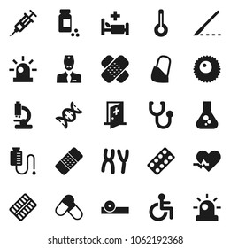 Flat vector icon set - flask vector, pills vial, disabled, heart pulse, thermometer, dna, syringe, scalpel, patch, stethoscope, blister, eye doctor hat, microscope, chromosomes, hospital bed, ovule