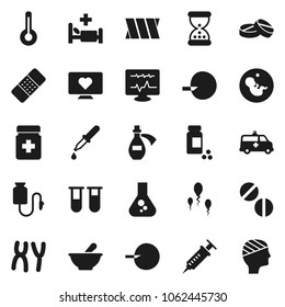 Flat vector icon set - flask vector, pills vial, heart monitor, thermometer, pregnancy, insemination, syringe, dropper, sand clock, patch, bottle, mortar, chromosomes, hospital bed, amkbulance car