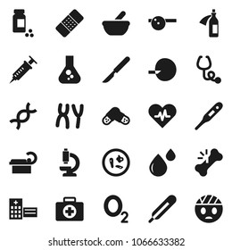 Flat vector icon set - flask vector, pills vial, first aid kit, oxygen, heart pulse, thermometer, dna, insemination, syringe, scalpel, broken bone, patch, stethoscope, mortar, eye doctor hat, potion