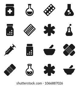 Flat vector icon set - flask vector, pills vial, ambulance star, syringe, patch, bottle, blister, mortar