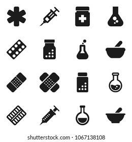 Flat vector icon set - flask vector, pills vial, ambulance star, syringe, patch, bottle, blister, mortar
