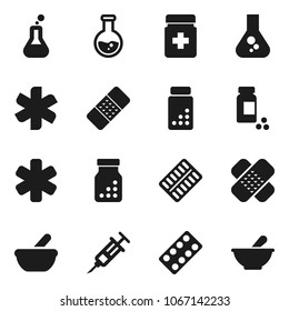 Flat vector icon set - flask vector, pills vial, ambulance star, syringe, patch, bottle, blister, mortar