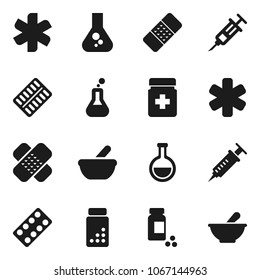 Flat vector icon set - flask vector, pills vial, ambulance star, syringe, patch, bottle, blister, mortar