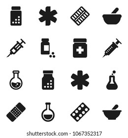 Flat vector icon set - flask vector, pills vial, ambulance star, syringe, patch, bottle, blister, mortar