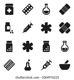 Flat vector icon set - flask vector, pills vial, ambulance star, syringe, patch, bottle, blister, mortar