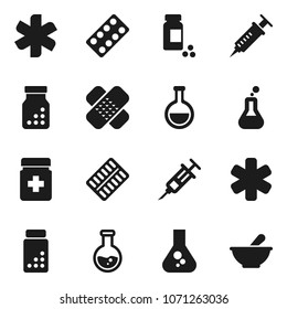 Flat vector icon set - flask vector, pills vial, ambulance star, syringe, patch, bottle, blister, mortar