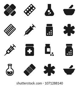 Flat vector icon set - flask vector, pills vial, ambulance star, syringe, patch, bottle, blister, mortar