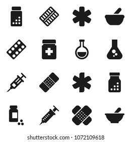 Flat vector icon set - flask vector, pills vial, ambulance star, syringe, patch, bottle, blister, mortar
