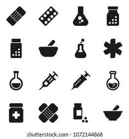 Flat vector icon set - flask vector, pills vial, ambulance star, syringe, patch, bottle, blister, mortar