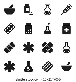 Flat vector icon set - flask vector, pills vial, ambulance star, syringe, patch, bottle, blister, mortar