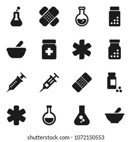 Flat vector icon set - flask vector, pills vial, ambulance star, syringe, patch, bottle, mortar
