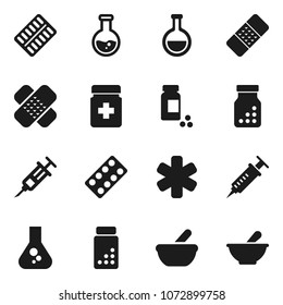 Flat vector icon set - flask vector, pills vial, ambulance star, syringe, patch, bottle, blister, mortar