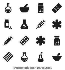 Flat vector icon set - flask vector, pills vial, ambulance star, syringe, patch, bottle, blister, mortar