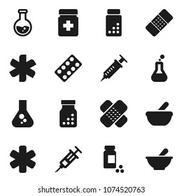 Flat vector icon set - flask vector, pills vial, ambulance star, syringe, patch, bottle, blister, mortar
