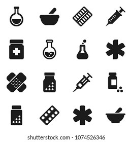 Flat vector icon set - flask vector, pills vial, ambulance star, syringe, patch, bottle, blister, mortar
