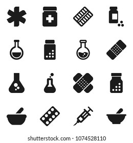 Flat vector icon set - flask vector, pills vial, ambulance star, syringe, patch, bottle, blister, mortar