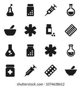 Flat vector icon set - flask vector, pills vial, ambulance star, syringe, bottle, blister, mortar