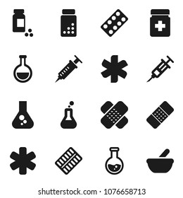 Flat vector icon set - flask vector, pills vial, ambulance star, syringe, patch, bottle, blister, mortar