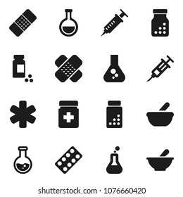 Flat vector icon set - flask vector, pills vial, ambulance star, syringe, patch, bottle, blister, mortar