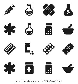Flat vector icon set - flask vector, pills vial, ambulance star, syringe, patch, bottle, blister, mortar