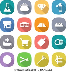 flat vector icon set - flask vector, purse, diamond, potion bottle, shop, airport building, pyramid, taxi, hospital, cart, cutting board, plates, cookies, pruner, rake, skyscrapers cleaning