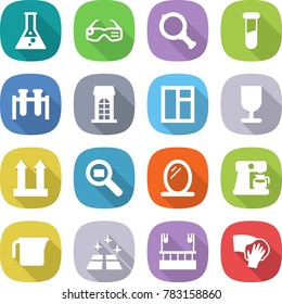 flat vector icon set - flask vector, smart glasses, magnifier, test vial, building, window, fragile, cargo top sign, search, mirror, coffee maker, measuring cup, clean floor, skysrcapers cleaning