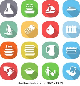 flat vector icon set - flask vector, fountain, sail boat, yacht, windsurfing, jellyfish, drop, radiator, plate washing, towels, jug, sponge, wiping, foam basin, toilet cleaning, floor