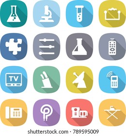 flat vector icon set - flask vector, microscope, vial, electrostatic, puzzle, equalizer, remote control, tv, stands for knives, satellite antenna, mobile phone, office, elecric oven, food processor