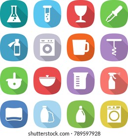 flat vector icon set - flask vector, vial, wineglass, pipette, potion bottle, washing machine, cup, corkscrew, ladle, cauldron, measuring, sprayer, sponge, shampoo, cleanser