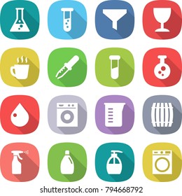 flat vector icon set - flask vector, vial, funnel, wineglass, hot drink, pipette, test, chemical, drop, washing machine, measuring cup, barrel, sprayer, cleanser, liquid soap