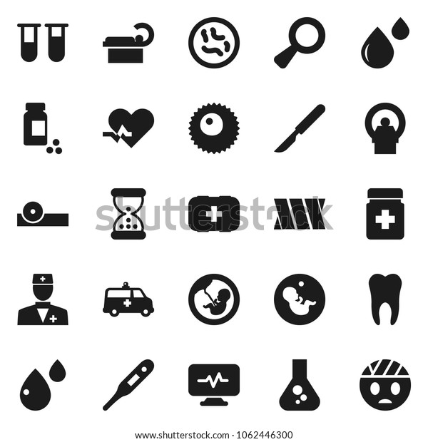 Flat vector icon set - flask vector, pills vial,\
first aid kit, heart pulse, doctor, thermometer, magnifier,\
pregnancy, scalpel, sand clock, bottle, eye hat, microbs, blood\
drop, amkbulance car