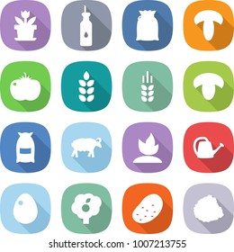 flat vector icon set - flower vector, vegetable oil, flour, mushroom, tomato, spike, sheep, sprouting, watering can, egg, garden, potato, pile of garbage