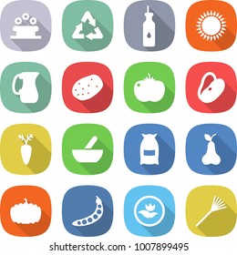 flat vector icon set - flower bed vector, recycle, vegetable oil, gas oven, jug, potato, tomato, beans, carrot, mortar, flour, pear, pumpkin, peas, ecology, rake