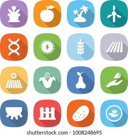 flat vector icon set - flower vector, apple, island, windmill, dna, solar power, spike, field, corn, pear, hand leaf, udder, grain elevator, potato, ecology