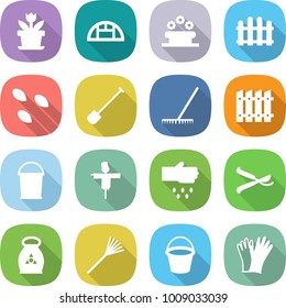 flat vector icon set - flower vector, greenhouse, bed, fence, seeds, shovel, rake, bucket, scarecrow, sow, pruner, fertilizer, gloves