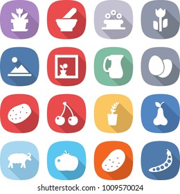 flat vector icon set - flower vector, mortar, bed, perishable, landscape, in window, jug, eggs, potato, cherry, seedling, pear, sheep, tomato, peas