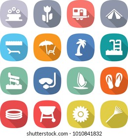 flat vector icon set - flower bed vector, perishable, trailer, tent, lounger, palm, pool, aquapark, diving mask, windsurfing, flip flops, inflatable, bbq, rake