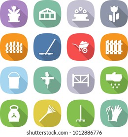 flat vector icon set - flower vector, greenhouse, bed, perishable, fence, rake, wheelbarrow, bucket, scarecrow, farm, sow, fertilizer, gloves