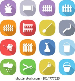 flat vector icon set - flower vector, fence, watering, shovel, sickle, wheelbarrow, pear, bucket, sow, pruner, rake