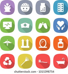 flat vector icon set - flower vector, bandaged head, pills bottle, blister, monitor pulse, medical hat, lungs, health care, ambulance sign, cargo top, mirror, recycling, rake, tooth brush, bath