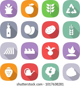 flat vector icon set - flower vector, apple, spikelets, recycle, vegetable oil, eggs, potato, spike, field, seedling, beet, sprouting, strawberry, watering can, garden, pile of garbage