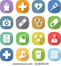 flat vector icon set - flower vector, medical cross, heart, crutch, doctor case, patch, stethoscope, pill, recipe, broken hand, kidneys, real estate, uv cream, towel