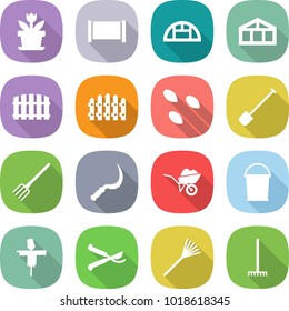 flat vector icon set - flower vector, fence, greenhouse, seeds, shovel, fork, sickle, wheelbarrow, bucket, scarecrow, pruner, rake