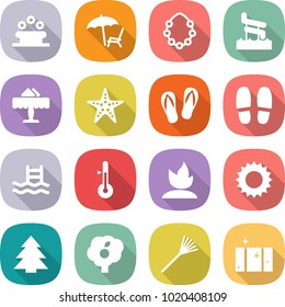flat vector icon set - flower bed vector, lounger, hawaiian wreath, aquapark, restaurant, starfish, flip flops, slippers, pool, thermometer, sprouting, sun, spruce, garden, rake, clean window