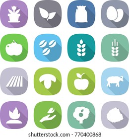 flat vector icon set - flower vector, leafs, flour, eggs, tomato, coffee seeds, spike, field, mushroom, apple, sheep, sprouting, hand leaf, garden, pile of garbage