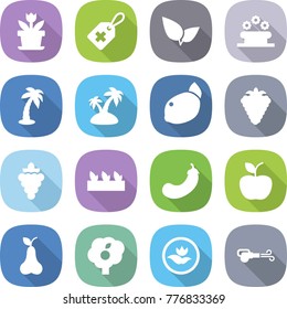 flat vector icon set - flower vector, medical label, leafs, bed, palm, island, lemon, berry, grape, seedling, eggplant, apple, pear, garden, ecology, blower