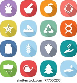 flat vector icon set - flower vector, mortar, apple, hawaiian wreath, starfish, shark flipper, recycle, dna, flour, spike, berry, harvest, sow, watering can, spruce, hand and drop