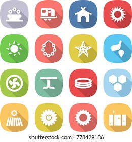 flat vector icon set - flower bed vector, trailer, bungalow, sun, hawaiian wreath, starfish, golf, cooler fan, table, inflatable pool, honeycombs, field, clean window