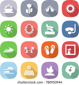flat vector icon set - flower bed vector, perishable, tent, sun, hawaiian wreath, aquapark, diving mask, jet ski, palm hammock, flip flops, in window, slippers, field, sprouting, garden